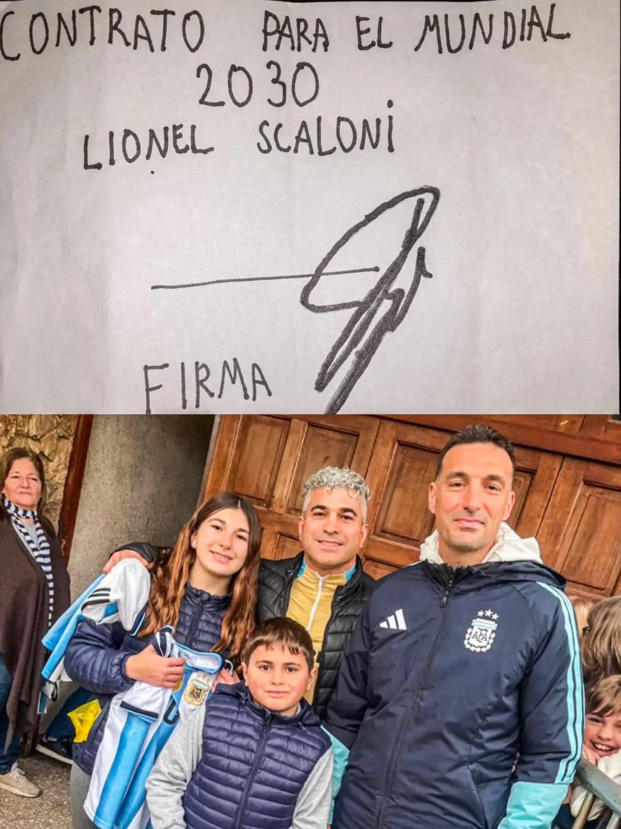 elgraficionado's tweet photo. Un pequeño llegó hasta la casa de Lionel Scaloni en Pujato con un “contrato” para dirigir a Argentina en el Mundial 2030… ¡y el DT no dudó en firmarlo! 😅✍️🇦🇷 https://t.co/WtV7KZgU0z