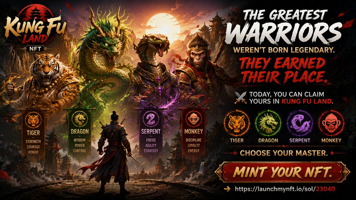 kungfulands's tweet photo. The greatest warriors weren't born legendary.
They earned their place.
βοΈ Today, you can claim yours in Kung Fu Land.
π
Tiger
π Dragon
π Serpent
π Monkey
Choose your Master.
π Mint your NFT:
https://t.co/1gA3jSuo2E
#NFT #SolanaNFT #MintNow #Web3 https://t.co/R1S7Fn0vNS
