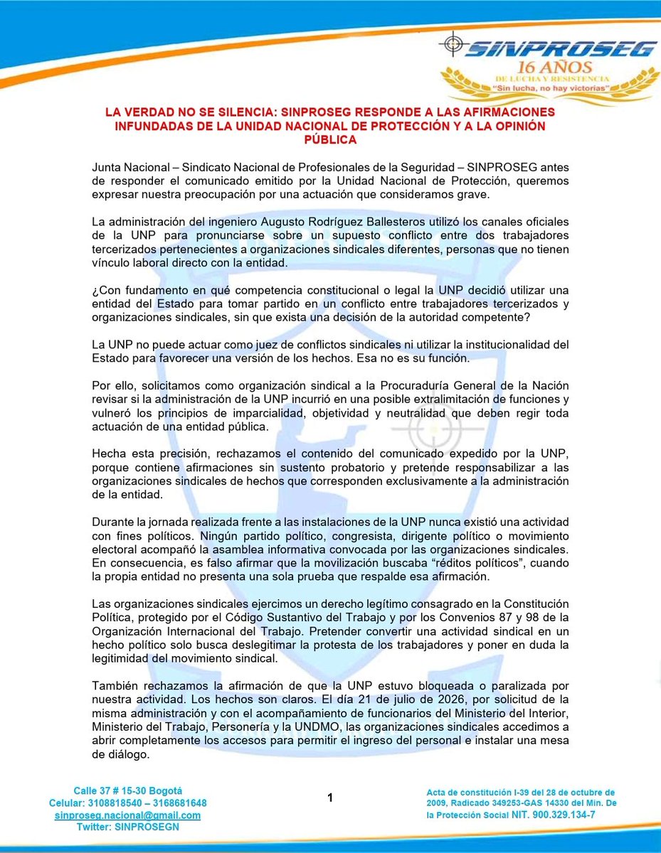 SINPROSEGN's tweet photo. No mas mentiras señor Augusto Rodriguez, no utilice la entidad como si fuese un influencer @chiporivera @CGR_Colombia @PGN_COL @OITnoticias @CIDH asuma su ineficacia https://t.co/Htq0hsDApD