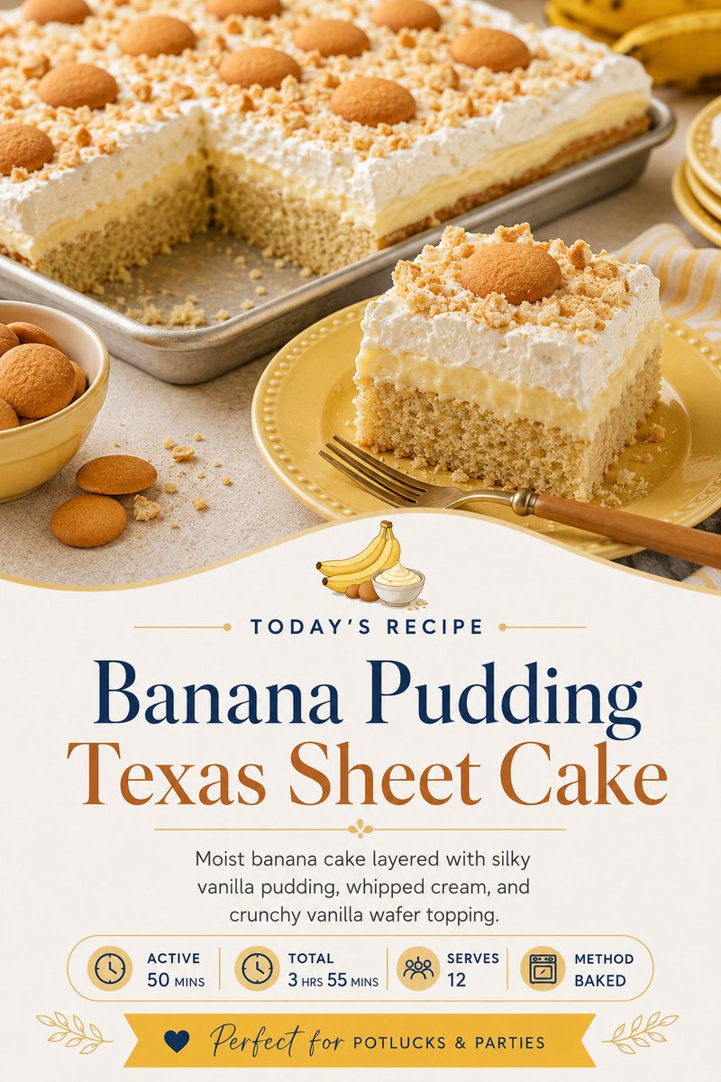 jasperandjames's tweet photo. This showstopping Banana Pudding Texas Sheet Cake is moist and layered with silky vanilla pudding, whipped cream, and crunchy vanilla wafers — a decadent, nostalgic dessert made for potlucks, parties, and family gatherings. 
https://t.co/l9mevg09d9 https://t.co/cjliUO6jcS
