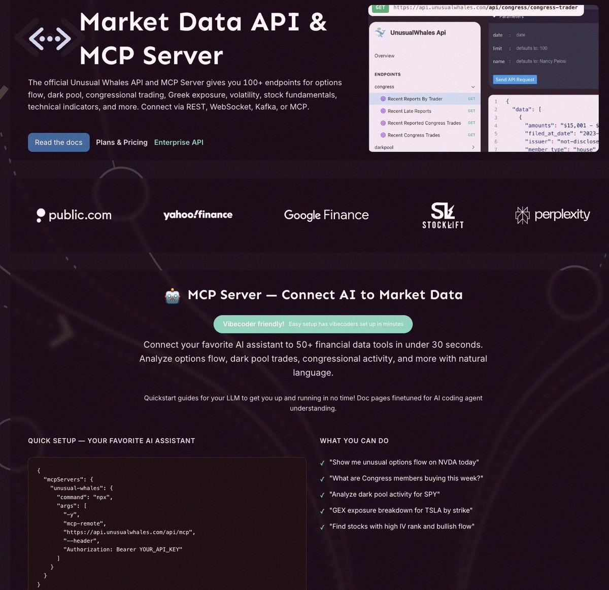 happyume219's tweet photo. We have launched the free trial of the Unusual Whales API.  

The Unusual Whales API gives full access to live options, equities, prediction market data, congress trades and much more.    

It is a must have for traders.

Check it out here: https://t.co/pbCpWBkc73 https://t.co/vK9n4GE8nS