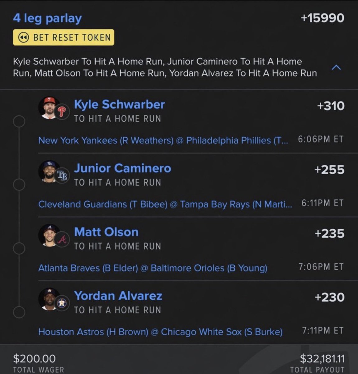 LoueRenneLay's tweet photo. 4 Leg HR Parlay Who’s Riding With 👑

$200 ➡️  $32,181.11 https://t.co/rbiBEEZVrs