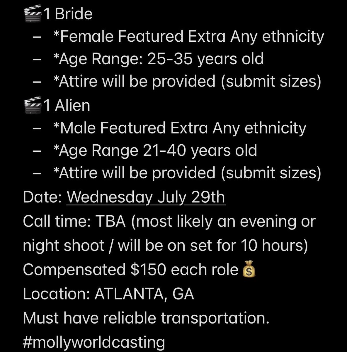 mollyworldcast's tweet photo. If available please submit via email your name, age, height, clothing sizes, phone number, Instagram, your location, your availability, &amp; current pictures VIA email to mollyworldproduction@gmail.com
SUBJECT:
Project X (Adult Prom, Police, Bride, Alien)

***INSERT ROLE*** #casting https://t.co/xpFwv6u3ib