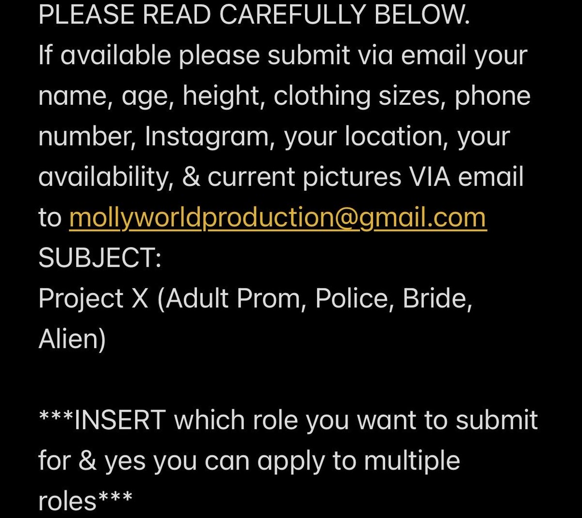 mollyworldcast's tweet photo. If available please submit via email your name, age, height, clothing sizes, phone number, Instagram, your location, your availability, &amp; current pictures VIA email to mollyworldproduction@gmail.com
SUBJECT:
Project X (Adult Prom, Police, Bride, Alien)

***INSERT ROLE*** #casting https://t.co/xpFwv6u3ib