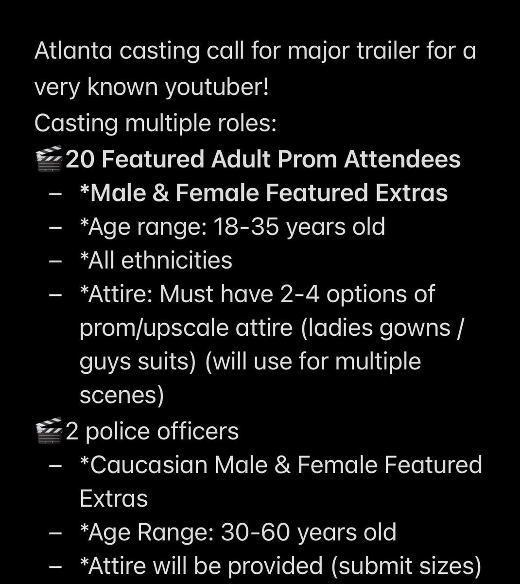 mollyworldcast's tweet photo. If available please submit via email your name, age, height, clothing sizes, phone number, Instagram, your location, your availability, &amp; current pictures VIA email to mollyworldproduction@gmail.com
SUBJECT:
Project X (Adult Prom, Police, Bride, Alien)

***INSERT ROLE*** #casting https://t.co/xpFwv6u3ib