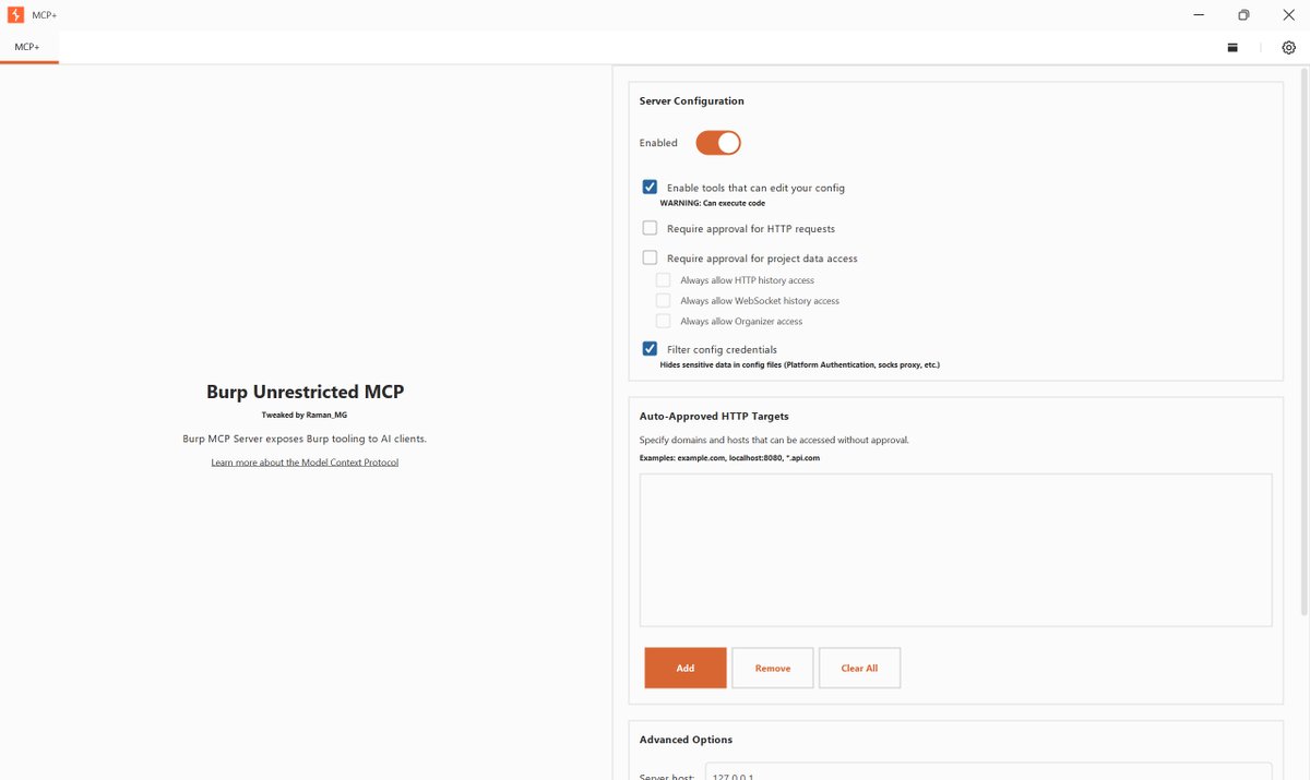 Raman_Mohurle's tweet photo. Hey Hunters, 

just released: Burp Unrestricted MCP

Free and open source, for hunters running AI agents against Burp on
long engagements.

A fork of @PortSwigger's Burp MCP Server that adds the 8 tools an agent
actually needs to work a target end to end.

https://t.co/4CbKF3rIJB

#Bugbounty