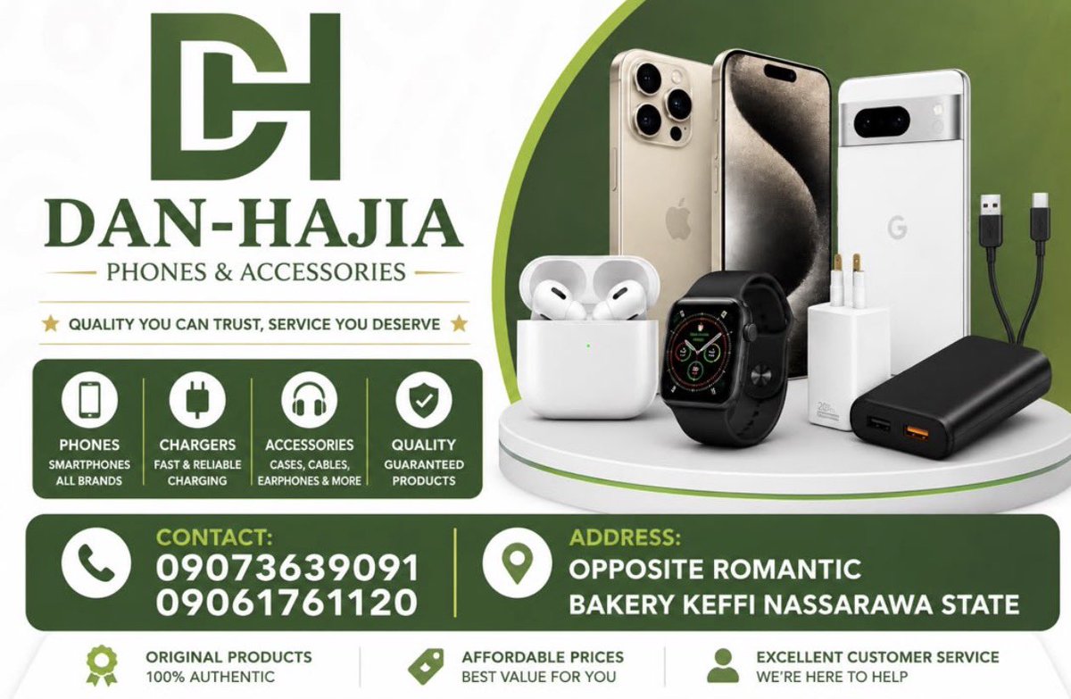 Danhajia_gadget's tweet photo. Welcome to Danhajia Gadget.

Your trusted source for quality gadgets and phone accessories at affordable prices.

✔️ Genuine products
✔️ Affordable prices
✔️ Nationwide delivery across Nigeria

Follow for the latest arrivals and exclusive deals. DM to place your order or for business collaborations. We look forward to serving you.

Contact 📩 09073639091/09061761120