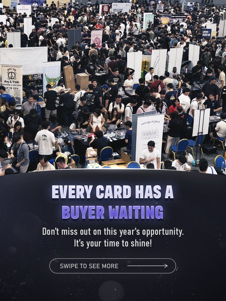 kyocards's tweet photo. Looking for your Kyo Cards Con 3  
📅 1–2 August 2026 
📍Singapore EXPO Hall 6A  
👥 15,000–20,000+ collectors 
🌏 Buyers from Singapore, Malaysia, China & across Southeast Asia 
💜 Returning vendors join us event after event 
💰 Every card has a buyer waiting 
🚀 One weekend to grow your brand  

⚠️ Final vendor booths are now available. 
⏳ Limited spaces remaining  

We'll send you the latest floor plan and help you secure the best available booth.  See you at KCC3! 🔥  #KyoCardsCon #Pokemon #OnePieceCardGame #MTG #TradingCards #TCG #Collectibles #Vendor #Singapore #Malaysia #TCGCommunity