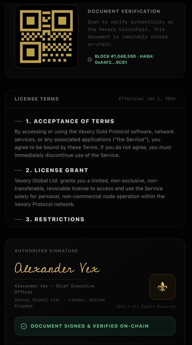 VexoryGold's tweet photo. Transparency isn’t a feature; it’s our standard. 🔗
Official Vexory Gold Protocol terms &amp; node rules are immutably verified on-chain.
✅ CEO Signed
✅ On-Chain Verified
$VEX #VexoryGold #TON #Web3 #Crypto https://t.co/KVW2QiBJC6