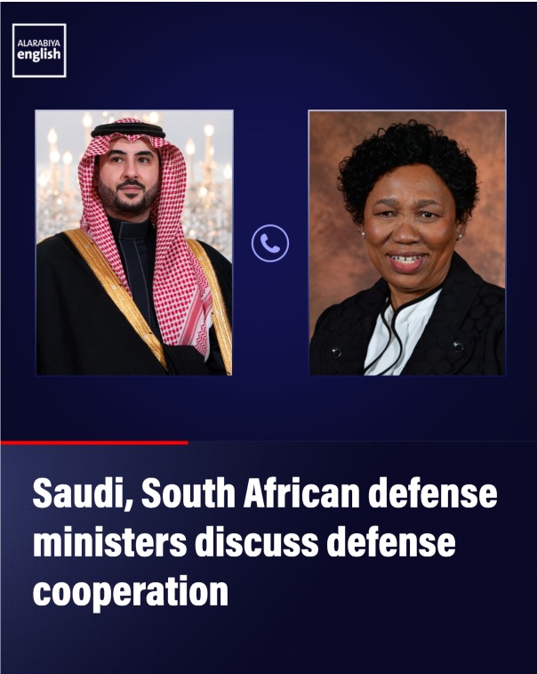 Saudi Defense Minister Prince Khalid bin Salman says he discussed defense cooperation and ways to strengthen joint efforts to address regional challenges with South African Defense Minister Angie Motshekga during a phone call.