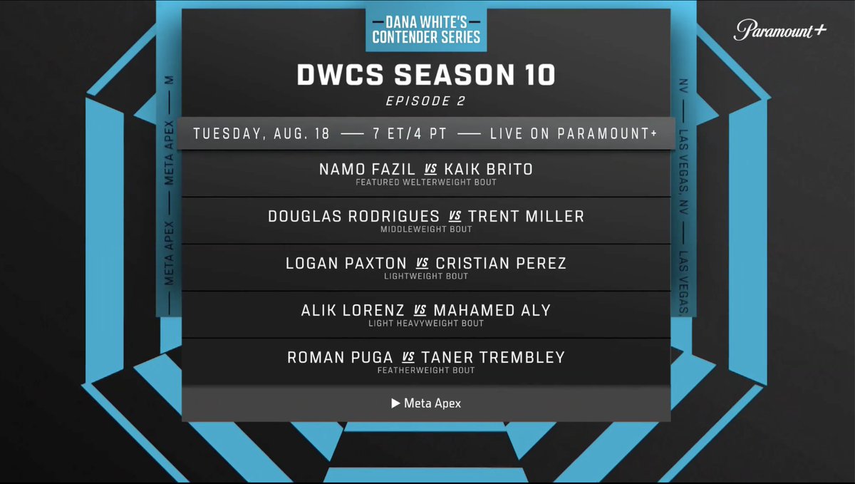 mma_kings's tweet photo. Dana White's Contender Series Week 1 and Week 2 lineups are official

The episodes will air at 7pmET/4pmPT this season #DWCS https://t.co/Q2FnhpiRov