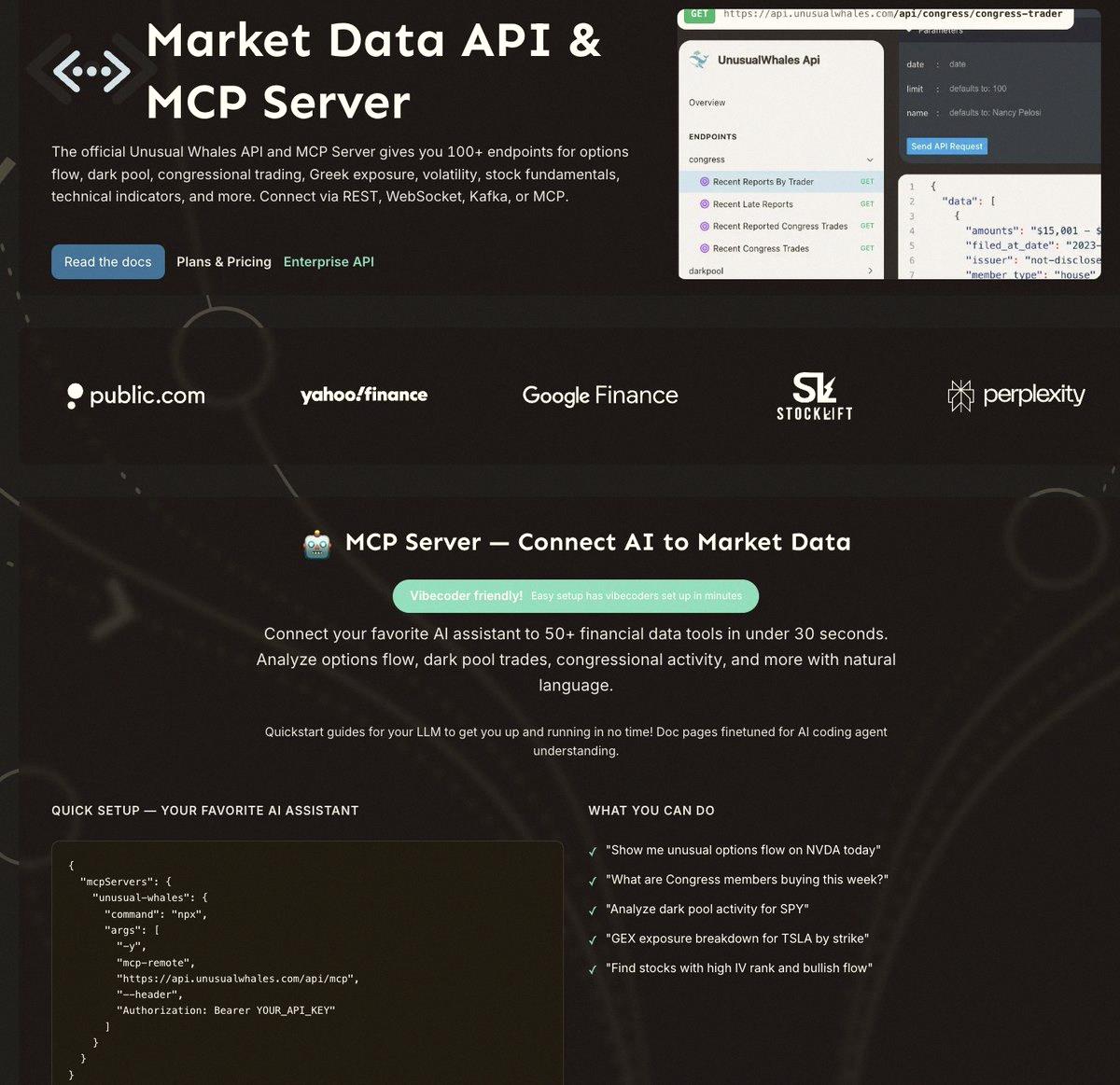 15mnk's tweet photo. We have launched the free trial of the Unusual Whales API.  

The Unusual Whales API gives full access to live options, equities, prediction market data, congress trades and much more.    

It is a must have for traders.

Check it out here: https://t.co/lCzvOV5gSN https://t.co/PXAlk0N5xQ