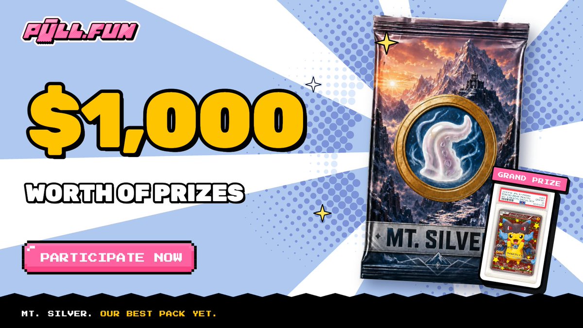 pulldotfun's tweet photo. Mt Silver. Our best pack yet with high-demand, PSA-grade high quality slabs. Zoom in for one of the grand prizes you can pull.

We're giving away $1,000 worth of prizes ahead of the launch. 

You know the drill - Like, repost, tag your best friend. Let's #PullTogether. https://t.co/MktCmJaoHp