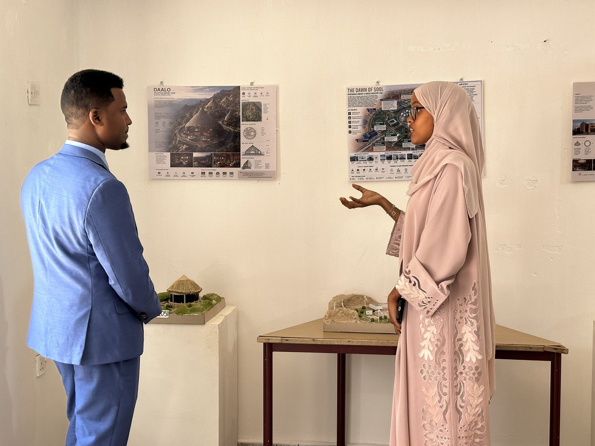 JinowCali's tweet photo. One of the exhibitions going on at the @HargeysaCC gallery during the HIBF2026; the Somaliland 2050 vision led by a group of young female Architecture students. Hodo Abdek, Kowsar Abdirizak, and Samera Mohamed.  @HargeysaBF @dhimbiil86081 @JamaMusse @Rooble2009 @Yetbarekt1 https://t.co/rdO0rgPUoZ