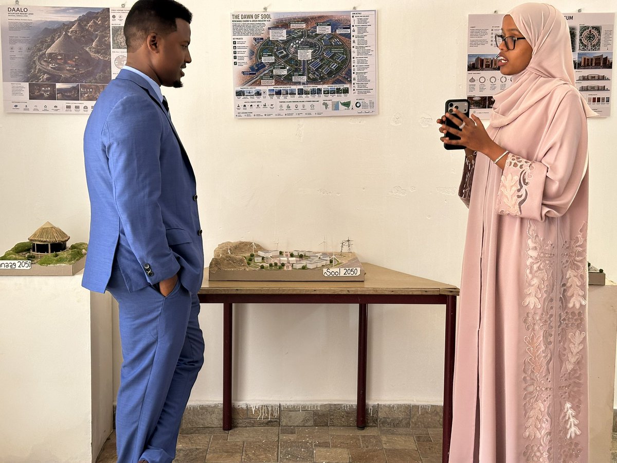 JinowCali's tweet photo. One of the exhibitions going on at the @HargeysaCC gallery during the HIBF2026; the Somaliland 2050 vision led by a group of young female Architecture students. Hodo Abdek, Kowsar Abdirizak, and Samera Mohamed.  @HargeysaBF @dhimbiil86081 @JamaMusse @Rooble2009 @Yetbarekt1 https://t.co/rdO0rgPUoZ