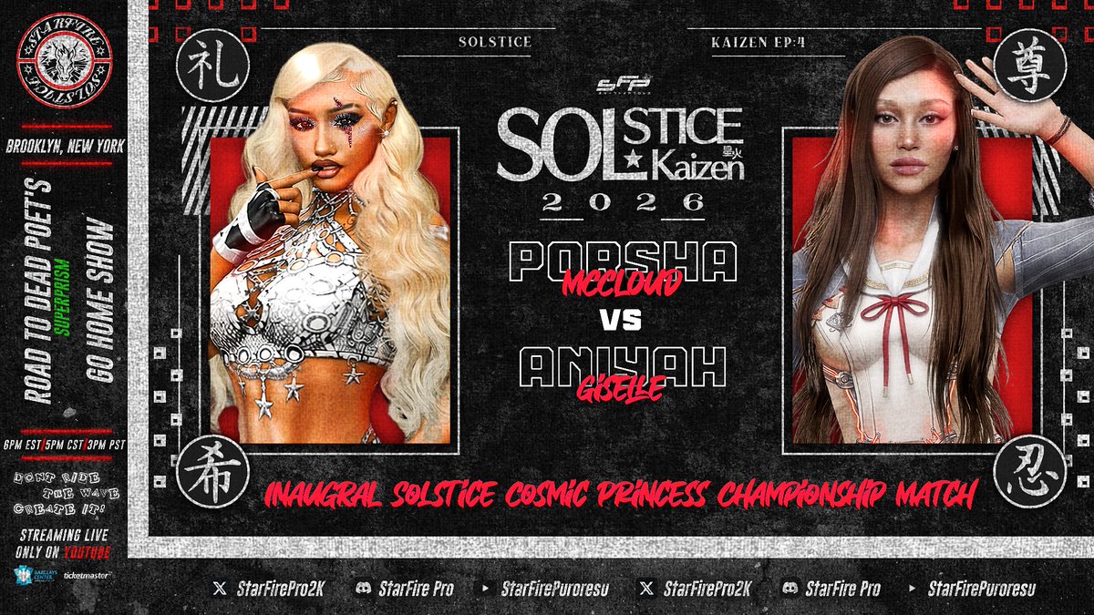 StarFirePro2K's tweet photo. Stars are born every night in StarFire, but there can only be one Cosmic Princess, only one woman who can outshine the constellations. “Venus Nightmare” Aniyah Giselle will take on “The Popstar” Porsha McCloud to crown the Inaugural Solstice Cosmic Princess Champion only on Episode 4 via @YouTube !

#WWE2K26

🗓️TBA
🕐6pm EST/5pm CST
▶️ https://t.co/WdCJnwElqK