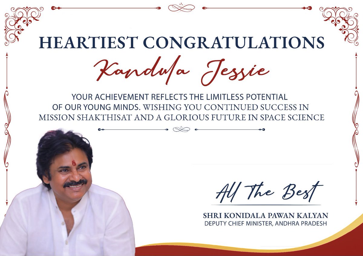 TrendPSPK's tweet photo. Pawan Kalyan Inspires Support for Mission ShaktiSat Student

Inspired by Andhra Pradesh Hon'ble Deputy Chief Minister Sri @PawanKalyan's encouragement of young talent, KUDA Chairman Mr. Talatam Satya presented a laptop, space-science books and a school bag to Kandula Jessy, a Class 10 student from Dowleswaram selected for ISRO’s Mission ShaktiSat.

Sri Pawan Kalyan garu had earlier congratulated Jessy on X and appreciated Mr. Satya for supporting her academic and scientific aspirations.