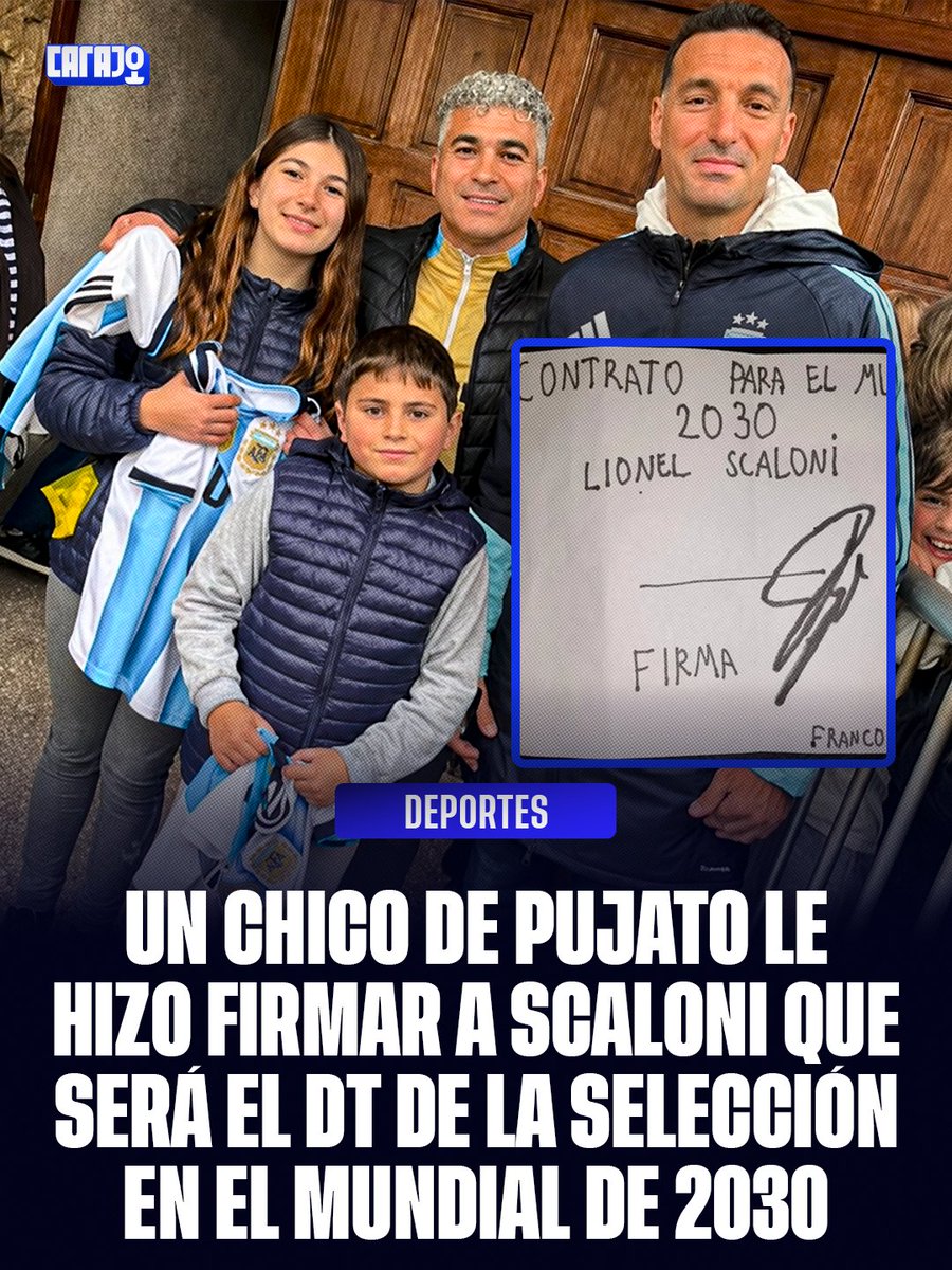 CarajoStream's tweet photo. SIGUE SCALONI HASTA 2030 🇦🇷

Un chico, bien pillo, le pidió un autógrafo al DT de la Selección Argentina y le hizo firmar para que sea el entrenador para el Mundial 2030. Ahora a cumplir el contrato, Lionel 😅 https://t.co/0gjNHaORFZ