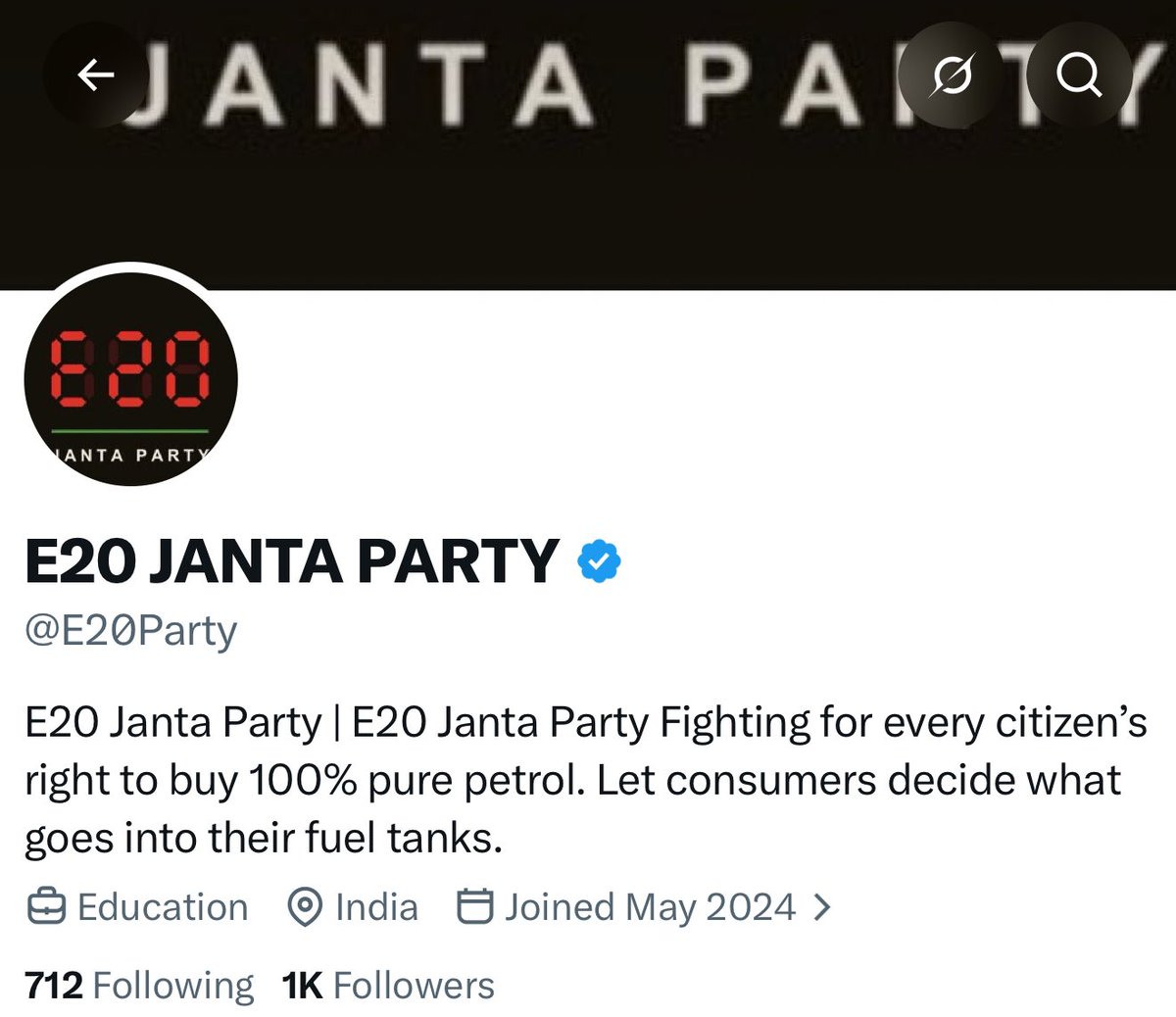 E20Party's tweet photo. We have now 1000 followed and by tomorrow 100k 

Our demand is very clear : 
E20 Janta Party Fighting for every citizen’s right to buy 100% pure petrol. Let consumers decide what goes into their fuel tanks.

#respodt for better reach https://t.co/OxLjxpx9tn