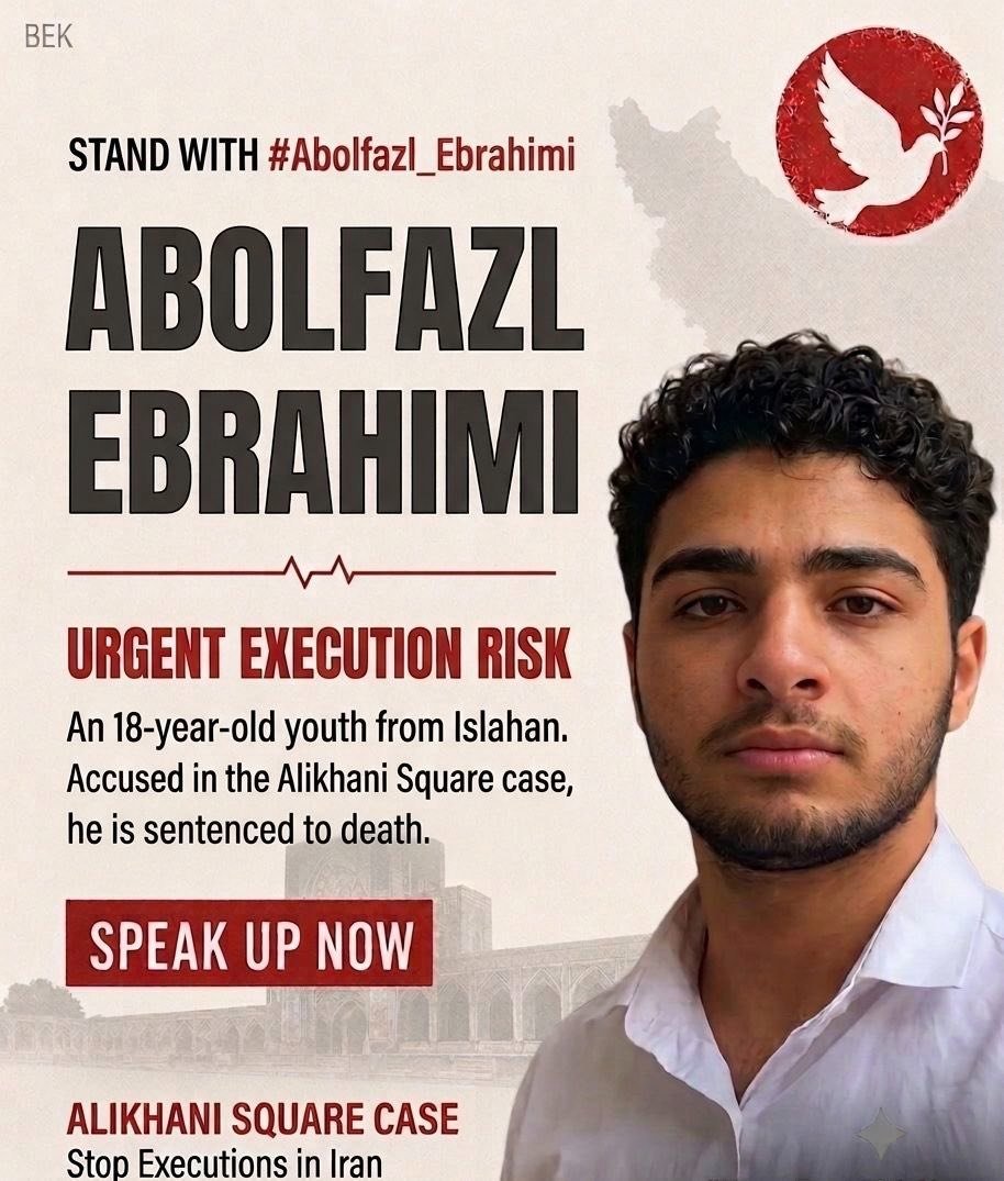 samuelFLjackson's tweet photo. At 18, Abolfazl Ebrahimi reportedly faces execution following the Alikhani Square case in Isfahan. Ask diplomats to raise all Alikhani Square defendants and seek protection for everyone reportedly facing death. @NEWSMAX @hrw #Abolfazl_Ebrahimi #StopExecutionsInIran https://t.co/qZPyo2Lh9o