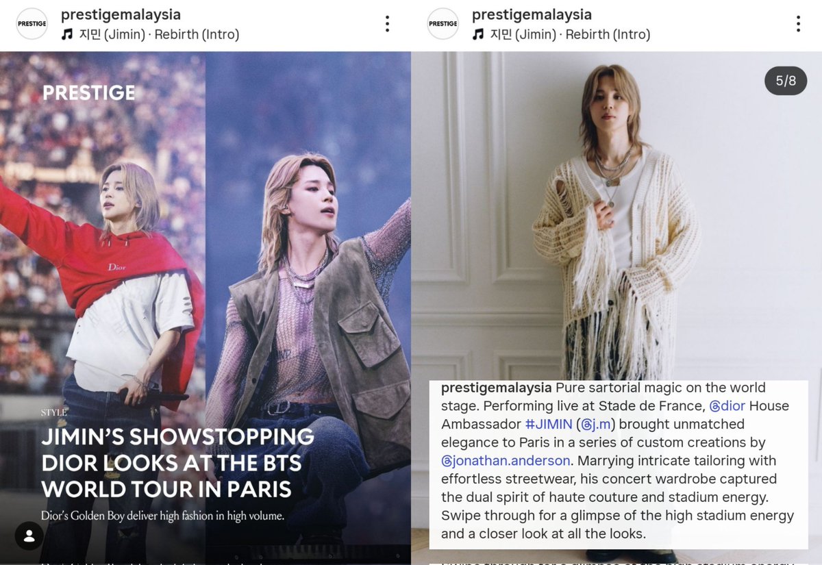 info_jimin's tweet photo. PRÍNCIPE DA MODA! A conta oficial da Prestige Malaysia no Instagram destacou os looks de #JIMIN para a turnê mundial em Paris, elogiando sua elegância e as criações personalizadas de Jonathan Anderson para a Dior. A publicação ressaltou como os figurinos combinaram alta-costura e streetwear, refletindo a energia e a grandiosidade das apresentações em estádio.

• https://t.co/YnWIVr8W91
