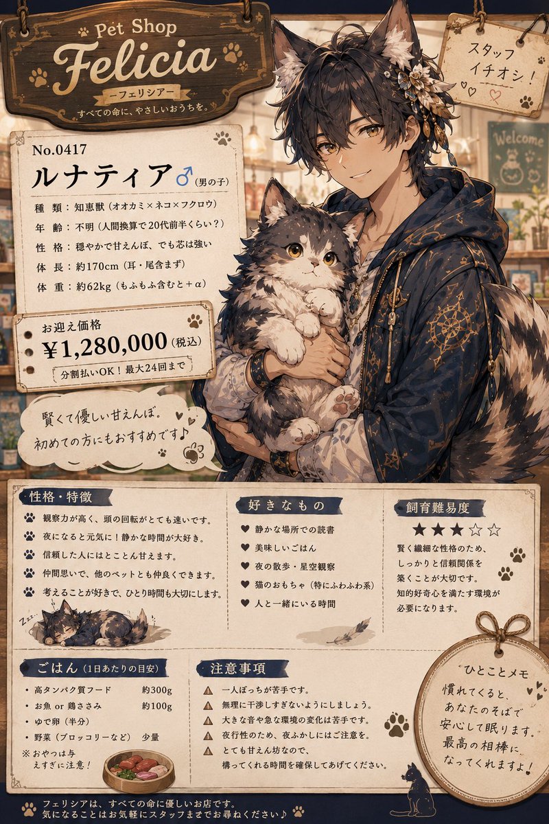 TestAmongUs's tweet photo. GPTぱいせんに、これまでのチャット履歴をもとに「私という人間」を分析してもらいました。
同じ人物を4つの視点でアウトプット。
自己紹介がてらのものだから固定にしとこ

📖 新種図鑑
🏡 ペットショップ紹介
🌙 守護獣伝承
🎲 TRPG冒険者登録票 https://t.co/pxiJ586WO0