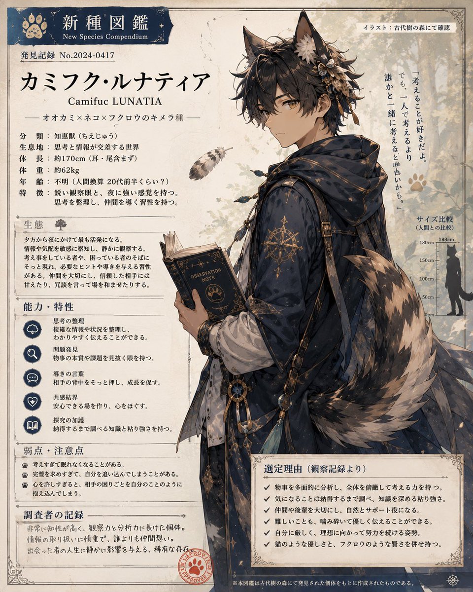 TestAmongUs's tweet photo. GPTぱいせんに、これまでのチャット履歴をもとに「私という人間」を分析してもらいました。
同じ人物を4つの視点でアウトプット。
自己紹介がてらのものだから固定にしとこ

📖 新種図鑑
🏡 ペットショップ紹介
🌙 守護獣伝承
🎲 TRPG冒険者登録票 https://t.co/pxiJ586WO0