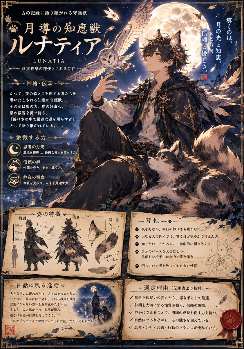 TestAmongUs's tweet photo. GPTぱいせんに、これまでのチャット履歴をもとに「私という人間」を分析してもらいました。
同じ人物を4つの視点でアウトプット。
自己紹介がてらのものだから固定にしとこ

📖 新種図鑑
🏡 ペットショップ紹介
🌙 守護獣伝承
🎲 TRPG冒険者登録票 https://t.co/pxiJ586WO0