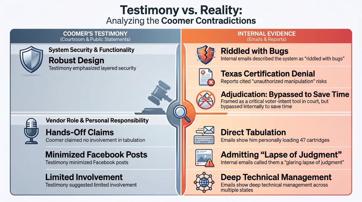 pjcolbeck's tweet photo. BREAKING: Eric Coomer testimony under oath in Coomer v Lindell trial paints a MUCH different picture from that painted in his internal communications.

I've attached a brief summary of these material "discrepancies".

Notably, the jury that held Mike Lindell liable for defamation of Eric Coomer was not privy to this information.
@realMikeLindell @RealLindellTV @EmeraldRobinson @PatrickByrne