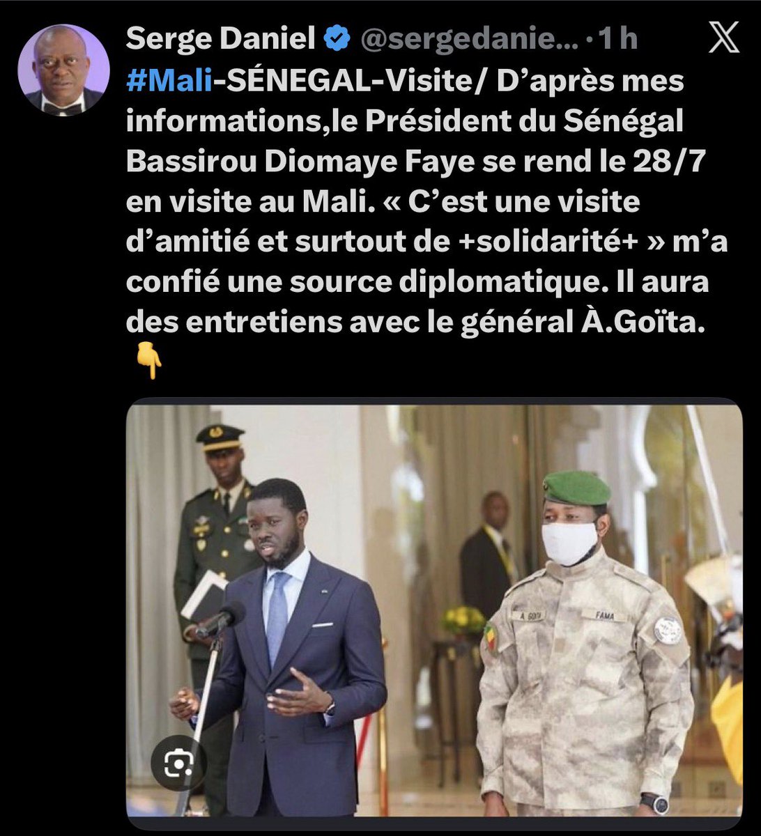 RvolutiondAfri1's tweet photo. Le Crapaud Daniel nous annonce la visite de Bassirou Diomaye Faye au Mali, sauf que nous ne voulons pas d’un traître chez nous. Ni les autorités 🇲🇱 ni le peuple n’ont confiance en lui https://t.co/qooomHqCZu
