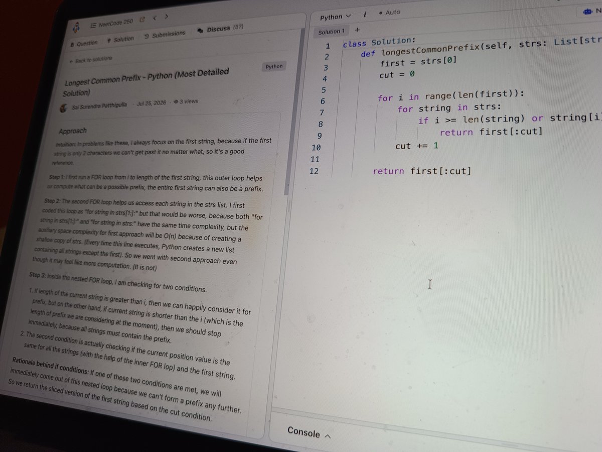 25 July 2026 Solved Longest Common Prefix from the NeetCode 250. I'm ...