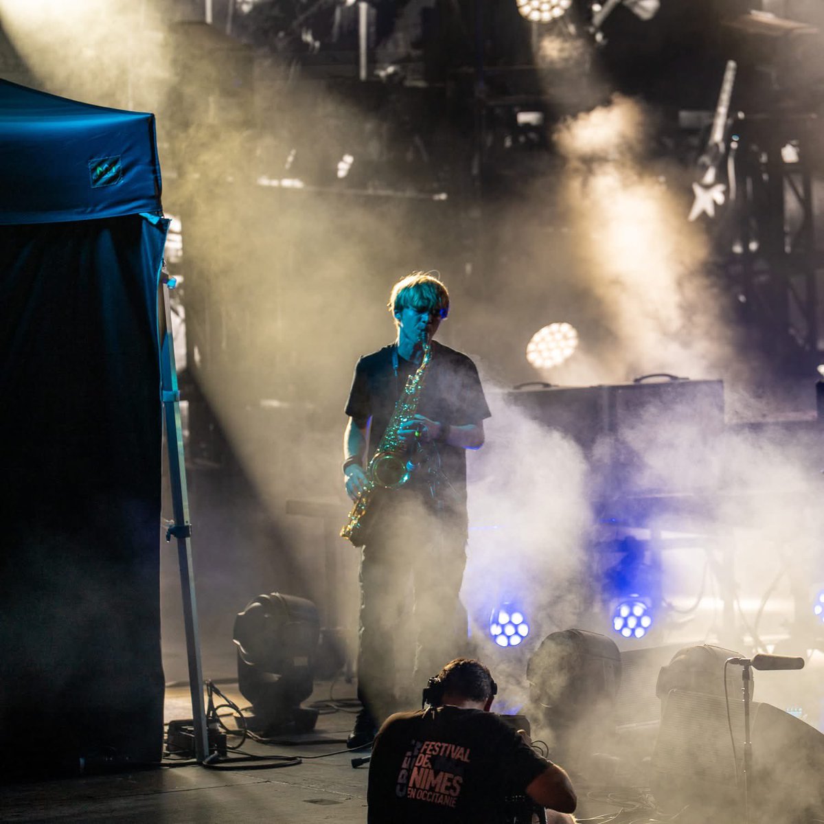 cureation's tweet photo. Gabriel Cooper playing the saxophone solo on A Night Like This at Nîme’s night 1. 

Picture by Chris Cardi on FB https://t.co/wBtDNrTSsV