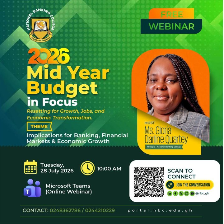 nbc_gh's tweet photo. How will the 2026 Mid-Year Budget Review shape Ghana’s banking and financial markets? 📊

Join @nbc_gh this Tuesday, 28th July at 10:00 AM GMT for an urgent executive session hosted by Principal Ms. Gloria Darline Quartey.

👇 Details below. https://t.co/h91h139gVm