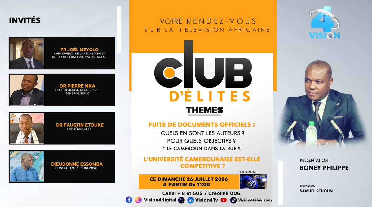 vision4_tv's tweet photo. ⚫🟠CE DIMANCHE 26/07/2026  À PARTIR DE 11H00 NE MANQUEZ SURTOUT PAS VOTRE ÉMISSION DE DÉBAT CLUB D'ÉLITES.

Présentation : BONEY Philippe 

🛜 LIVE SUR FACEBOOK ET YOUTUBE 
BON WEEK-END À TOUS SUR VISION4 !
008 et 505 de canal+ 
009 de creolink
#Visionners
#Vision4
#followers https://t.co/fzTlCA59HR