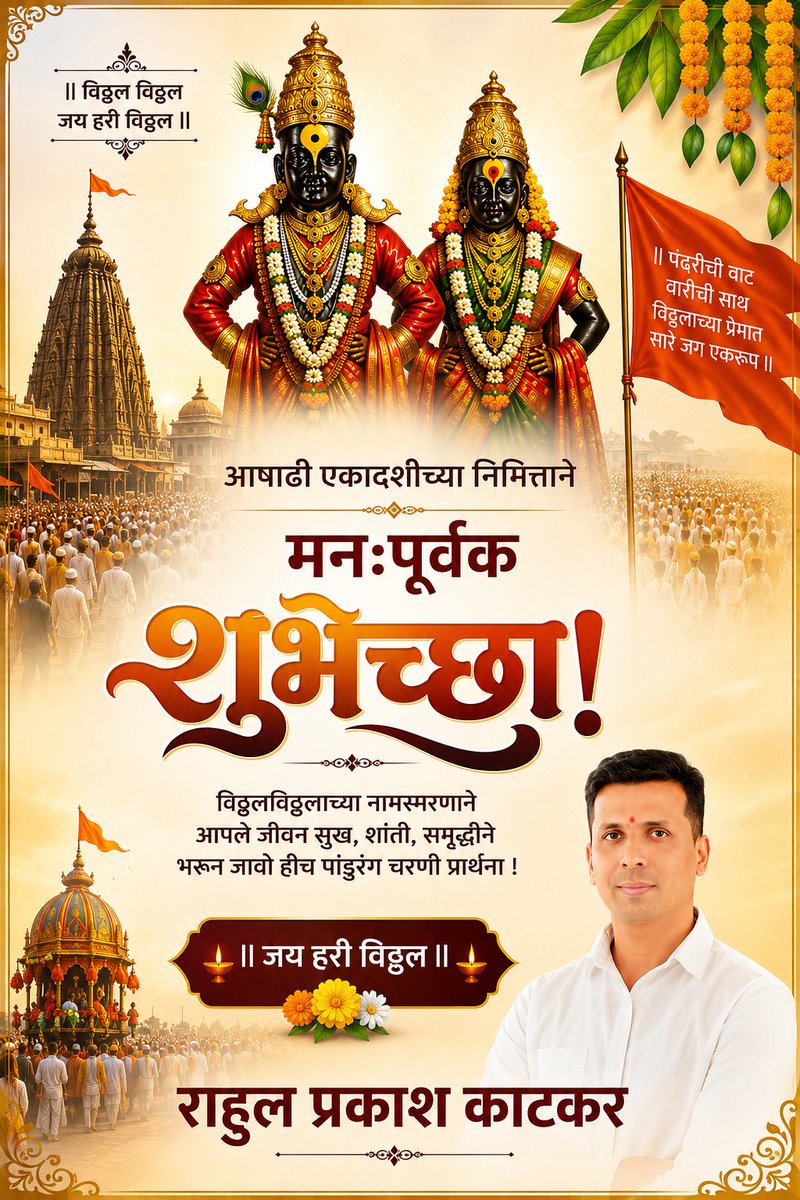 rahulkatkar09's tweet photo. "विटेवरी उभा राहोनी, भक्तांच्या हाकेला धावतो;
असा माझा विठुराया, प्रत्येकाच्या जीवनात आनंद भरतो."

श्री विठ्ठल-रुक्मिणी यांच्या कृपेने आपल्या सर्वांच्या जीवनात सुख, शांती आणि समृद्धी नांदो.
आषाढी एकादशीच्या हार्दिक शुभेच्छा..! https://t.co/PTD0UkMZY9
