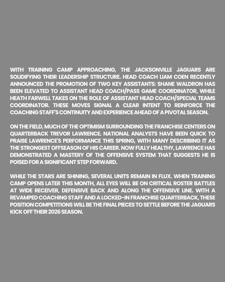 folioweekly's tweet photo. "With a revamped coaching staff and a locked-in franchise quarterback, these position competitions will be the final pieces to settle before the Jaguars kick off their 2026 season.."

Jaguars Shuffle Coaching Staff
Teresa Spencer, photo by Aaron Berkshire
https://t.co/ydZKqIRqRb https://t.co/KKpxMNnEnE