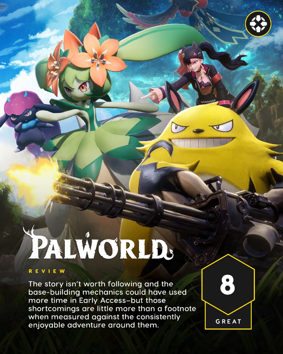 IGN's tweet photo. Palworld is still a little bit janky at times, but it cleverly blends an amusing creature collecting adventure with a traditional survival game to create something that’s as bizarre as it is fun.

Our review: https://t.co/HGAy2J1RaI https://t.co/WWPPlD8w3w