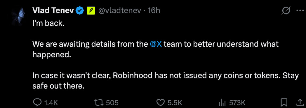 ask_monolit's tweet photo. ~$1.25M made on $VLAD

On July 23 the @vladtenev account was hacked and posted $VLAD as the "official mascot of Robinhood Chain"

The token had been deployed 46 min before the post, and the sniper wallets were funded before launch

Here's the full on-chain breakdown...

$VLAD was deployed on through @ponsdotfamily (Uniswap V3, 1% fee, LP locked)
CA: 0x92D176ccBeEffeCd8089e841D09ea17b6C22D969
Dev: 0xD70627FD9eE5b70906620a6f2001BA74457b438D

The Relay bridge funded the deployer and the sniper wallets with gas 73 to 78 min before launch, at 15:20-15:25 UTC. 

By the time the hacked account posted, the bundle was already sitting in the book.

The snipers bought at launch and dumped $VLAD into the inflow. Main wallets and their proceeds from the dump:
0xe26d978d4d9b2aa6f2f594880dd415d74055c27d
0x7ccdb7b7c98a366e5c529ce30ad70bcf31e54706
0xa01ed60b443967bbdff6bf7511c7e2ae5d3c6268
0x1338c1a92368e36e072d7d2e146b093e03e20d77
0x2a129a2cd8250136ed60ce99ace6153096ea8939
0x678da315c3852a9a810fc630a3e7c891fda4c3bd

2 more wallets funded by the bridge before launch added to the consolidation:
0xb1C426D94DB2a16Aa0A3310966C29eb1dB4aD774
0xf00d0450982dfF5aa2256e88A79476D19212593e

The proceeds were consolidated through 5 staging wallets and bridged to Ethereum via Relay:
0xA5E61836cA5Ee714Dbd0138fFeF775a30d888A73
0xdCF9777101d63d970Ea6c360a24488C2Ef83fEB2
0xBa45DDE5b29Ef06266F3317d2Fbf71B30B262CFb
0xEa96883a740CD1d681f97E026f716bA441F1768D
0x21a8aF1820400BF63D746618D11da95538eb6884

In total ~670 $ETH left Robinhood Chain, ~657 $ETH (~$1.25M) landed on L1. 

Plus 39.2 $WETH (~$74K) in Pons fees, pulled by the deployer via collectFees and withdraw.