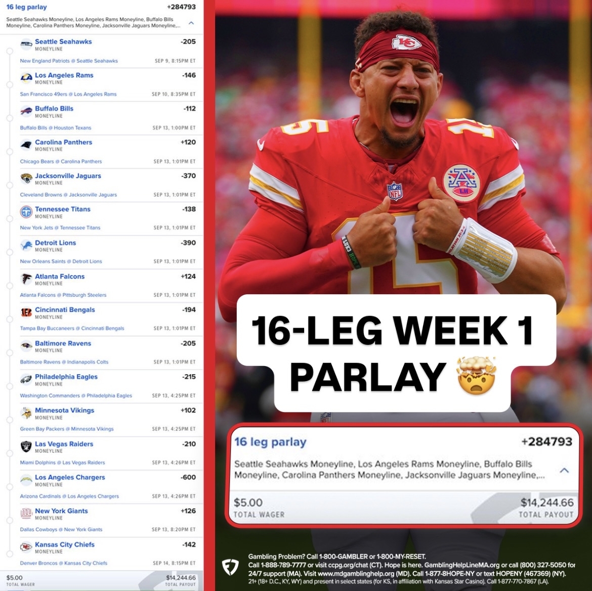 FDSportsbook's tweet photo. THIS BETTOR MADE A 16-LEG NFL WEEK 1 MONEYLINE PARLAY 😱

Which team scares you? 🧐

(via @thepropdealer) https://t.co/kLWcMEm9e2
