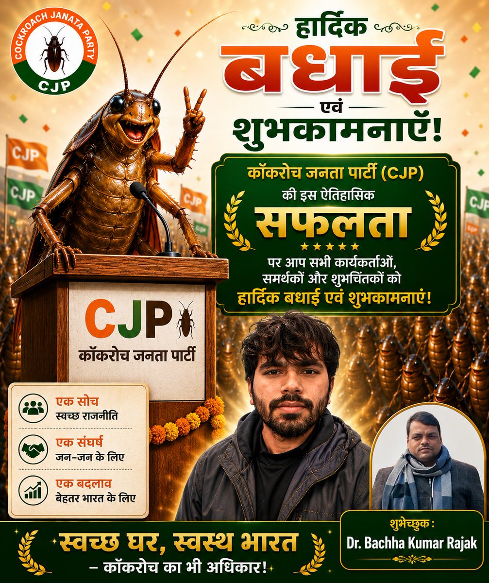 bachha4's tweet photo. क्रांति की मशाल बुझती नहीं,
आँधियों से कभी झुकती नहीं।
जो इतिहास बदलने का हौसला रखते हैं,
वे हालात के आगे कभी रुकते नहीं।
कॉकरोच जनता पार्टी (CJP) की इस ऐतिहासिक सफलता पर हार्दिक बधाई एवं क्रांतिकारी शुभकामनाएँ।
यह विजय केवल एक सफलता नहीं, बल्कि अन्याय के विरुद्ध संघर्ष, जनशक्ति. https://t.co/gT9fwfa3IW