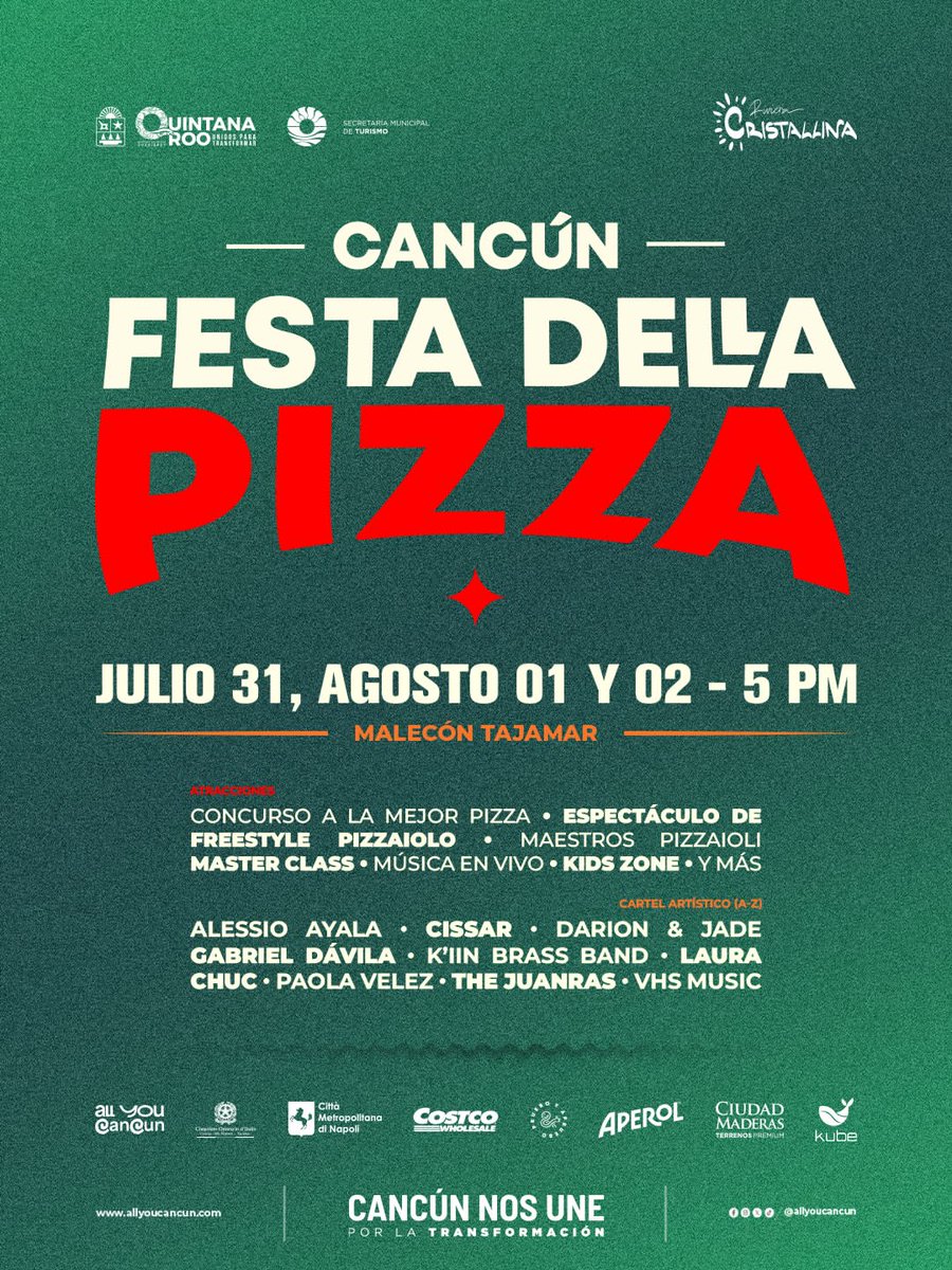 SedeturQROO's tweet photo. 🍕 Italia tiene una cita con Cancún.
Ven a Cancún Festa Della Pizza: pizzerías, chefs y experiencias para todas las edades, con el Caribe mexicano como escenario.

📍 Malecón Tajamar. ¡Te esperamos!

#CancúnFestaDellaPizza #AllYouCancun #Cancún #PizzaLovers https://t.co/Wm8Vn9b3HQ