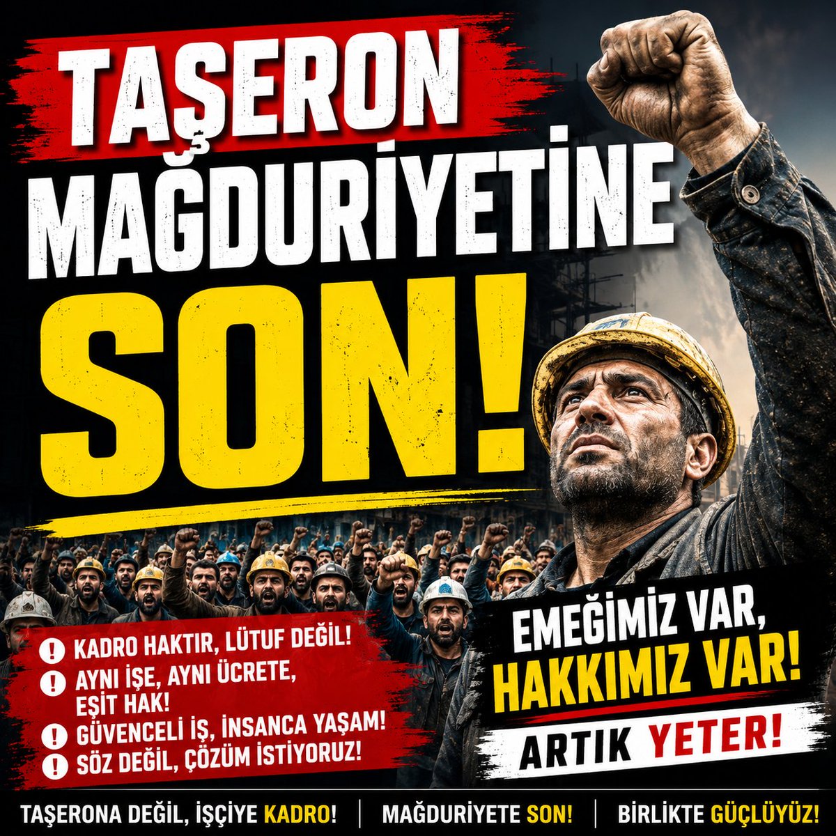HulyaDemirdas26's tweet photo. TAŞERON MAĞDURİYETİNE SON!

Yıllardır aynı işi yapan, aynı sorumluluğu taşıyan, aynı emeği veren taşeron işçiler; hâlâ güvencesizlik, hak kayıpları ve adaletsizlikle karşı karşıya bırakılmaktadır. Bu tablo kabul edilemez.

Emeğiyle hayatını kazanan insanların kaderi belirsizliğe terk edilemez. Taşeron sistemi; iş barışını bozan, çalışma hayatında eşitsizlik yaratan ve emekçiyi mağdur eden bir yapıya dönüşmüştür.

Artık oyalanmak değil, çözüm üretmek zamanıdır. Taşeron işçilerin kadro, iş güvencesi, eşit ücret ve sosyal hak talepleri geciktirilmeden karşılanmalıdır. Alın terinin karşılığı eksiksiz verilmeli, yıllardır süren mağduriyet kalıcı olarak sona erdirilmelidir.

Emekçinin sabrını sınamayın!
Hak verilmez, mücadeleyle alınır. Taşeron işçilerin sesi daha da gür çıkacak, adalet sağlanıncaya kadar bu haklı mücadele kararlılıkla sürecektir.

TAŞERON MAĞDURİYETİNE SON!
KADRO HAKTIR, LÜTUF DEĞİL!
EMEKÇİNİN HAKKI GECİKTİRİLEMEZ!

#TaşeronMağduriyetineSon

@iletisim 
@csgbakanligi 
@IcyerMerye96984 
@KamuKatib 
@kadrosuz123 
@Ali80583687