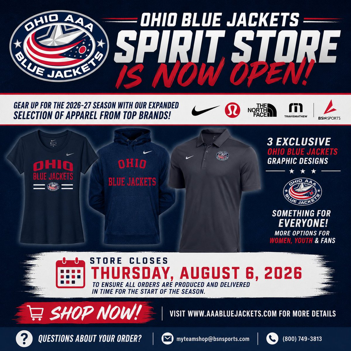 AAABlueJackets's tweet photo. 🛍️ The OBJ Spirit Store is OPEN!

Gear up with new apparel from Nike, lululemon, The North Face, TravisMathew &amp; more.

✅ More women's &amp; youth options
✅ 3 new OBJ graphic designs
⏰ Store closes Aug. 6 to ensure delivery before the season.

🛒 https://t.co/b6XuhKO06O https://t.co/Kql4oZqMPE