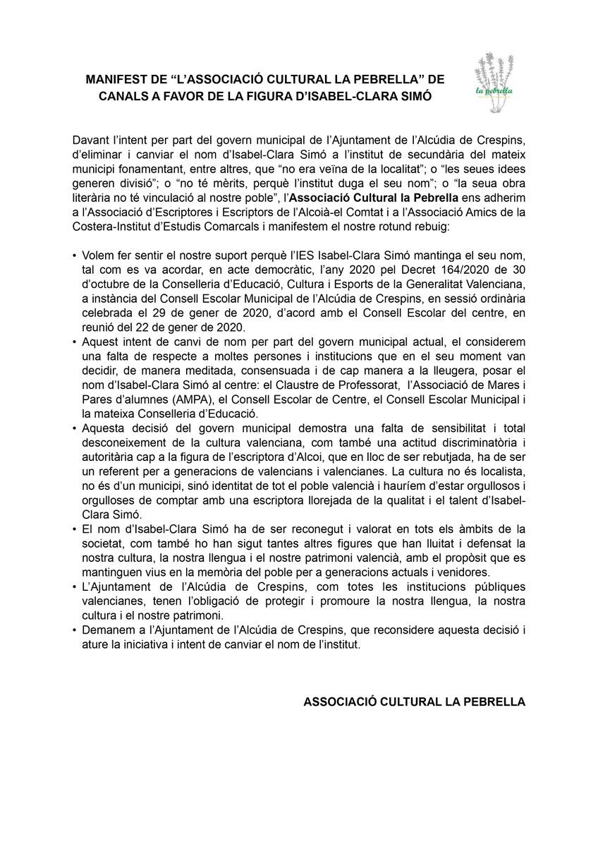 sempresaludable's tweet photo. MANIFEST DE “L’ASSOCIACIÓ CULTURAL LA PEBRELLA” DE CANALS A FAVOR DE LA FIGURA D’ISABEL-CLARA SIMÓ https://t.co/cFlNoPLops