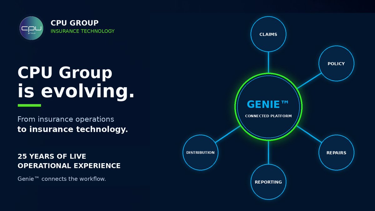 cpugroupltd's tweet photo. CPU Group is evolving into an insurance-technology and platform-licensing business.

Built on 25 years of live Genie™ operations across claims, policy administration, repairs, distribution and reporting.

Our full website relaunch follows later this year.
#Insurtech #Genie https://t.co/CmnX0NLbj5