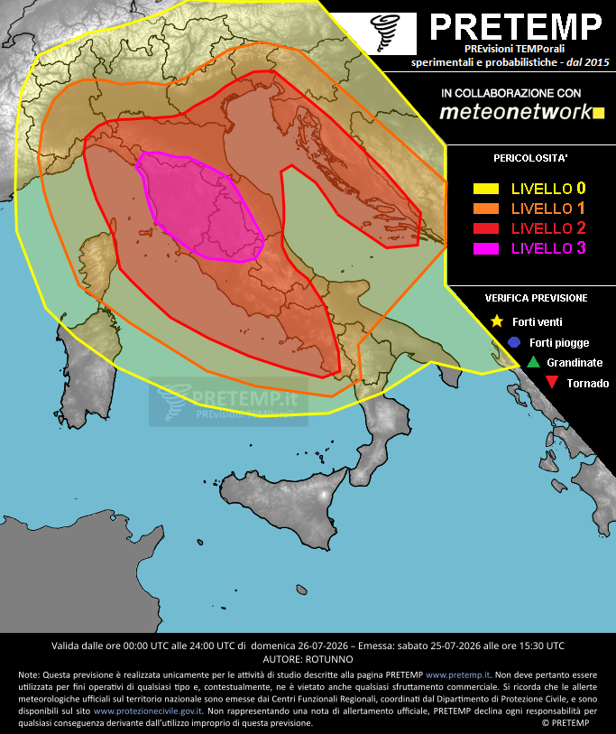 Italia24HLive's tweet photo. 🟣ATTENZIONE: PRETEMP emette una previsione di pericolosità di livello 3 [massimo], per domani, sull'Italia centro-settentrionale.

Possibili violenti temporali con grandine di grosse dimensioni, intense precipitazioni e venti anche superiori ai 110-120 km/h. https://t.co/TVDY6W1Hge