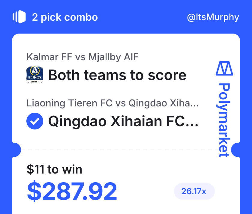heychamp_'s tweet photo. it's been almost a week since i last posted on x 

because of few personal things (i got sick and i m lazy)

just hit a 26x combo on @Polymarket  

$11 -> $287.92

this should be enough to put me in the top 100 for today's combo cup (i hope so)

something to make me happy today https://t.co/HxkXA8zHsD