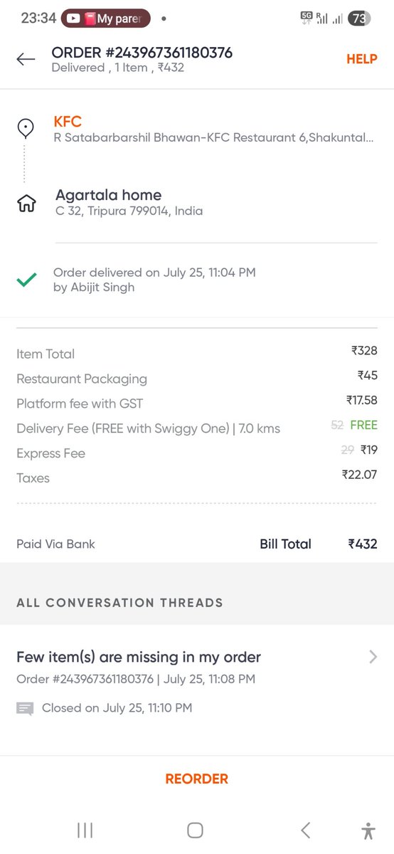 HutsCreative's tweet photo. @Swiggy is such frauds. On a Rs109 item excluding gst they issue a refund of RSS 22. There items kept missing because of incompetent delivery partners and customers has to bear the losses. https://t.co/i9Xgnmp8Gp