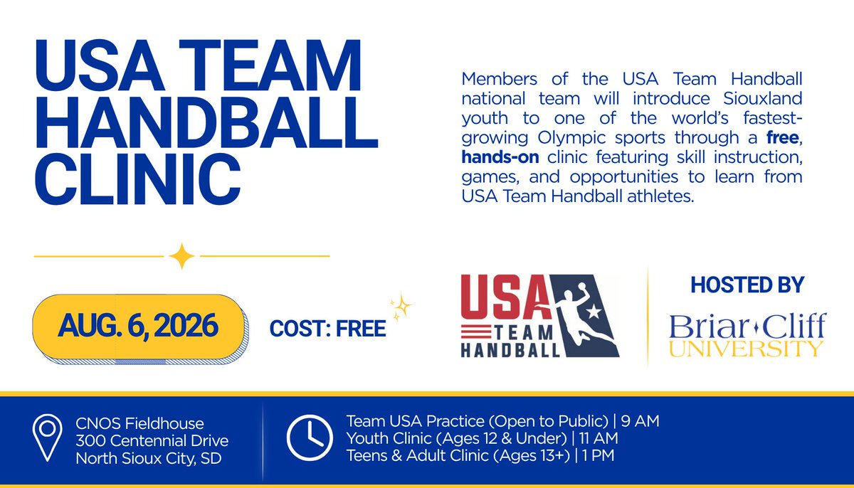 briar_cliff's tweet photo. 🇺🇸 Team USA is coming to Siouxland!

Join us as Briar Cliff University hosts USA Team Handball for a FREE community clinic at the CNOS Fieldhouse on Thursday, Aug. 6!

Admission is FREE! Register today: https://t.co/wzZWT1G86O https://t.co/ibbGq7SYxJ