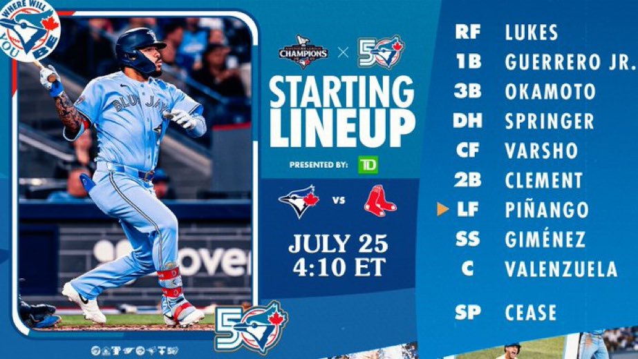 MLB_BlueJaysFR's tweet photo. Alignement du jour
#BlueJays50 #FrMLB https://t.co/yja1SwA2Uy